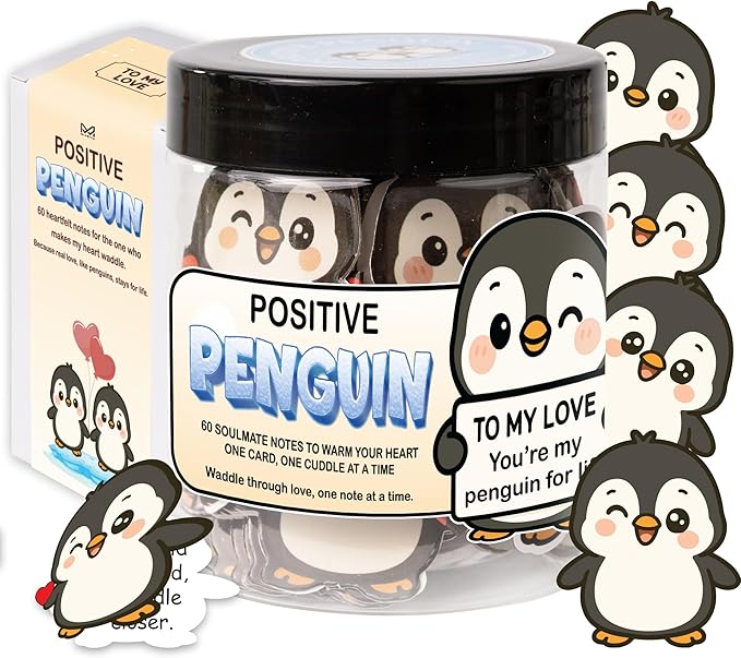 Positive Penguin Love Jar, 60 Cute Affirmation Cards, Relationship Gift for Girlfriend, Boyfriend, Husband, or Wife, Penguin Couple Jar, for Women, Her, Him