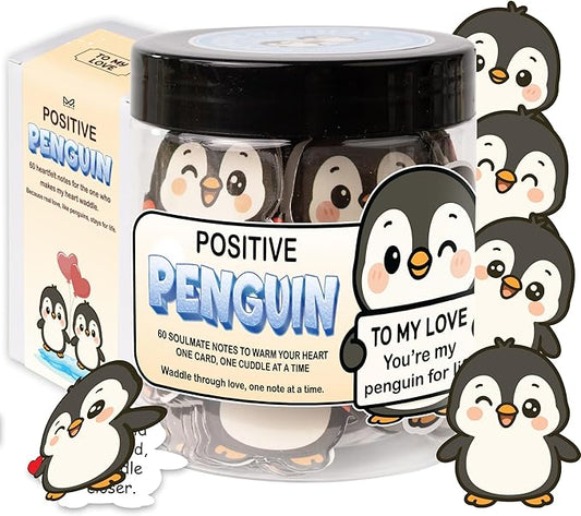 Positive Penguin Love Jar, 60 Cute Affirmation Cards, Relationship Gift for Girlfriend, Boyfriend, Husband, or Wife, Penguin Couple Jar, for Women, Her, Him