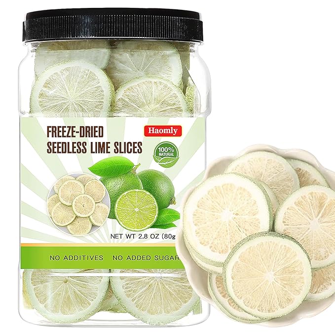 Haomly Freeze-dried Seedless Lime Slices.2.8oz(80g),Dehydrated Limes for Cocktails,Tea, Snacking, Baking, Smoothies, Garnishing, and Desserts,100% Natural Freeze Dried Lime Slices
