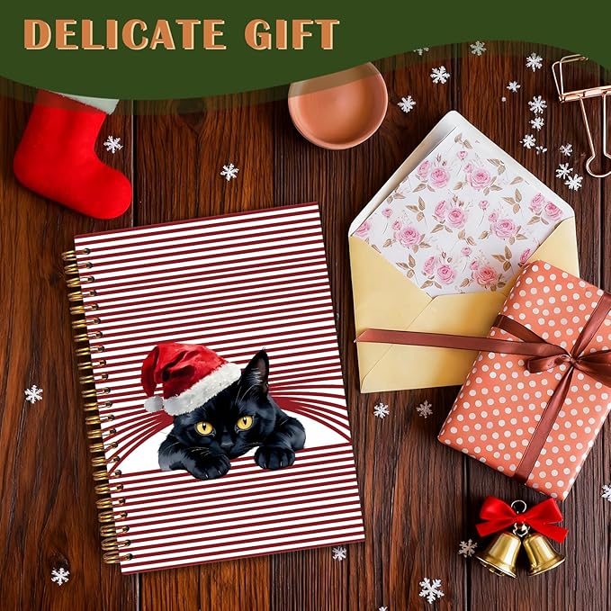 Exqcom Christmas Black Cat Spiral Notebook Gifts, Black Cat Gifts Journal for Women, Funny Santa Hat Cute Kitty Hardcover Notebook Journal Office School Supplies, 5.5x8.3 Inch