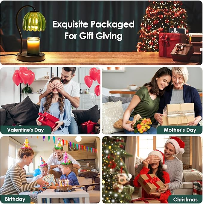 Dimmable Flower Candle Warmer Lamp with Timer, Aromatherapy Candle Lamp for Scented Candles, Modern Green Glass Candle Lamp Warmer, Gifts for Her, Home Bedroom Decor