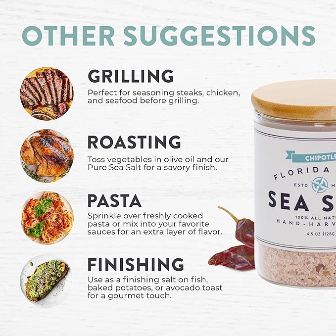 FLORIDA PURE Chipotle Pepper Sea Salt - Smoky, 80+ Mineral Salt, Natural, Unrefined, Non Iodized - for Baking, Cooking, Seasoning & Enhancing Taste - Flaky Sea Salt (4.5 oz Jar)