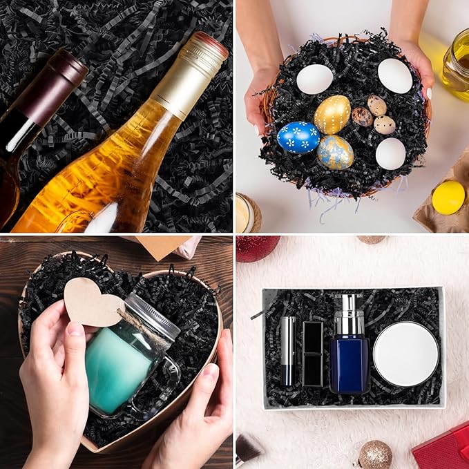 Darfukei Shredded Paper For Gift Baskets, 1/2LB (8 oz) Black Crinkle Paper Filler, Crinkle Cut Paper Shred For Birthdays, Weddings,Boxes Bags,Halloween Basket Filler,Anniversaries,Gift Wrapping