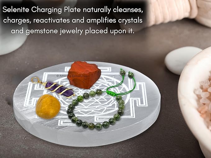 Amazing Gemstone Selenite Crystal Charging Plate For Crystals And Healing Stones, 3" Selenite Crystal Plate Engraved Sri Yantra Coaster For Home, Office Table Decor (Selenite Round Disc)