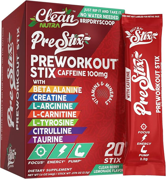 Clean Nutraceuticals Pre Workout Powder Energy Sticks - Caffeine 100mg, Energy Drink Mix, Creatine Monohydrate, Beta Alanine, L-Citrulline, L-Tyrosine, L-Carnitine, Electrolyte Hydration Packets 20 Ct