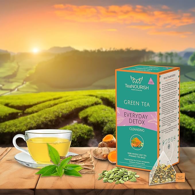 TeaNOURISH Everyday Detox Green Tea Bags | 20 Count Pyramid Tea Bags | Darjeeling Whole Leaf Tea | 100% Natural Turmeric, Ashwagandha, Cardamom, Shatavari, Stevia