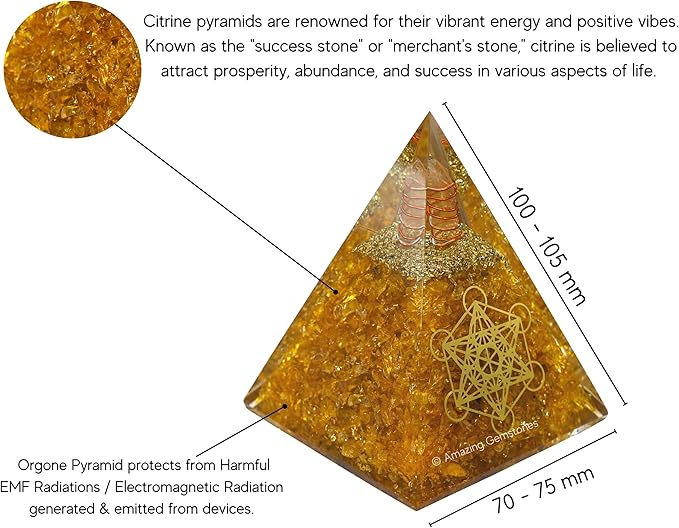 Amazing Gemstone Organite Orgone Pyramid Extra Large 105 MM - Orgone Energy Pyramid with Citrine Crystals and Healing Stone - Orgonite Pyramids Crystals and Positive Energy