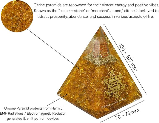 Amazing Gemstone Organite Orgone Pyramid Extra Large 105 MM - Orgone Energy Pyramid with Citrine Crystals and Healing Stone - Orgonite Pyramids Crystals and Positive Energy