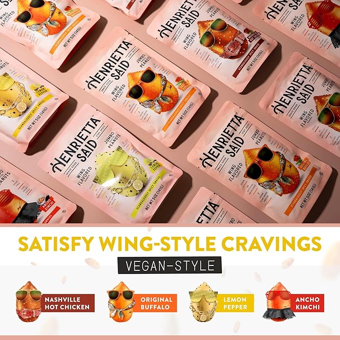 Henrietta Said Wing-Flavored Peanuts - Truly Good Foods Snacking Nuts - Bold Flavors - Savory & Spicy - Jumbo Flavored Peanuts - Protein Packed Vegan Snack - 4 (5-oz) Packs - Lemon Pepper