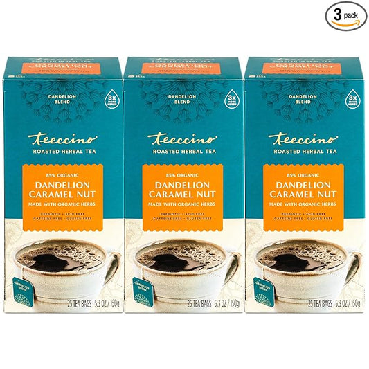 Teeccino Dandelion Caramel Nut Tea - Caffeine Free, Roasted Herbal Tea with Prebiotics, 3x More Herbs than Regular Tea Bags, Gluten Free - 25 Tea Bags (Pack of 3)