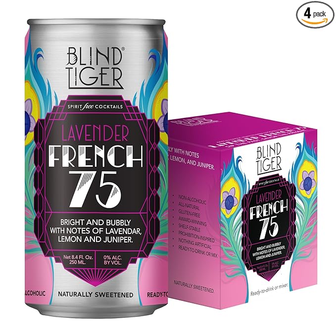 Blind Tiger Lavender French 75 4-pack – Premium Light Floral & Citrus Sparkling Non-Alcoholic Cocktail - Award-Winning Crafted Elegance - Ready to Drink or Mix - 8.4oz Per Can