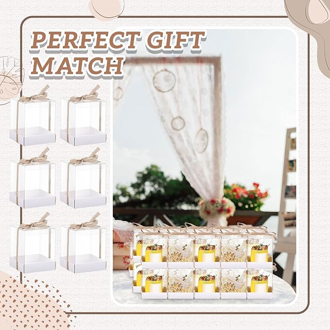 Cunno 36 Set 3.5 x 3.5 x 4.3 in Candle Package Transparent Gift Box 4-18 oz Handmade Tealight Candle Holder Bulk Paper Bottom Ribbon for Wedding Baby Shower Party Mug Cake Wine Glasses(White)