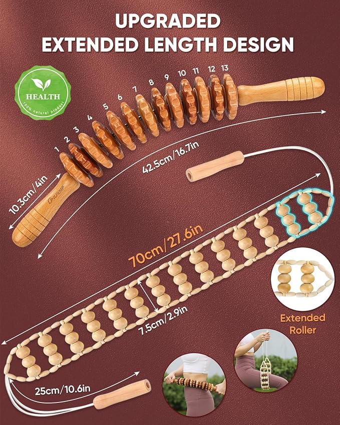 ONUEMP 2PCS Wood Therapy Massage Tools, Wooden Massage Roller Stick & Back Massager Roller Rope, Maderoterapia Kit Colombiana for Lymphatic Drainage, Anti Cellulite, Body Sculpting, Ease Deep Tissue