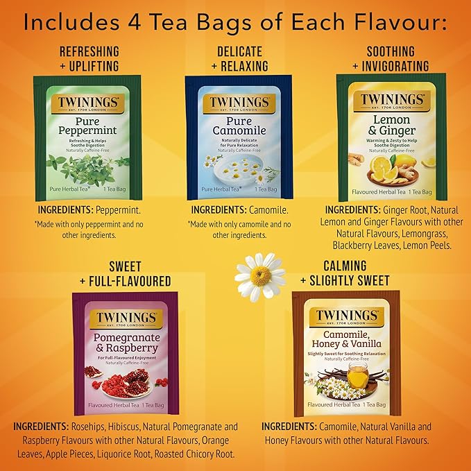 Twinings Herbal Tea Variety Pack, 20 Count (Pack of 1), Formerly Assorted Herbal, Includes 5 Flavours, Naturally Caffeine-Free, Enjoy Hot or Iced, 20 Teabags