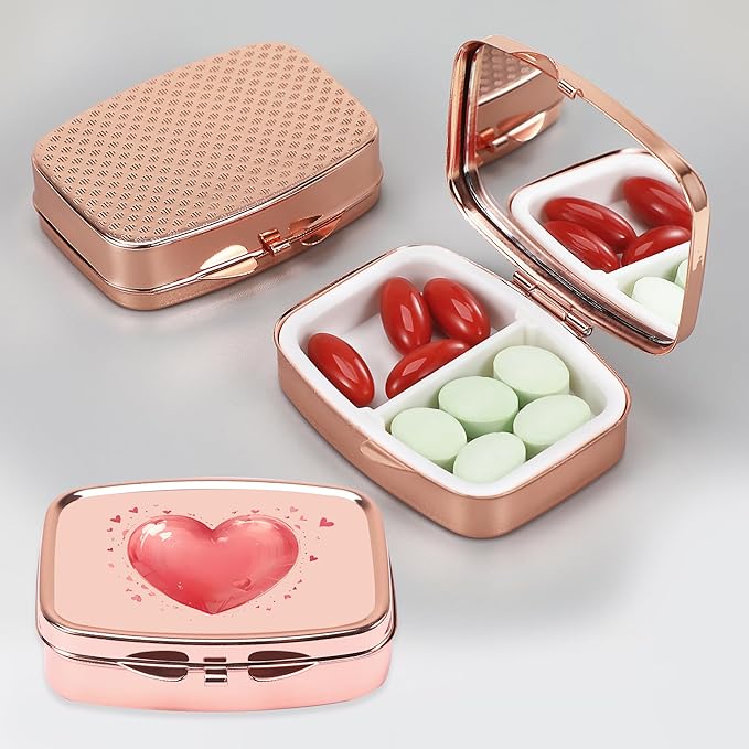 Dynippy Pill Case Pill Box with Mirror Retro Pocket 2 Compartment Medicine Case Vitamin Pill Organizer for Pocket Purse and Travel (Rose Gold- Red Heart Pattern)