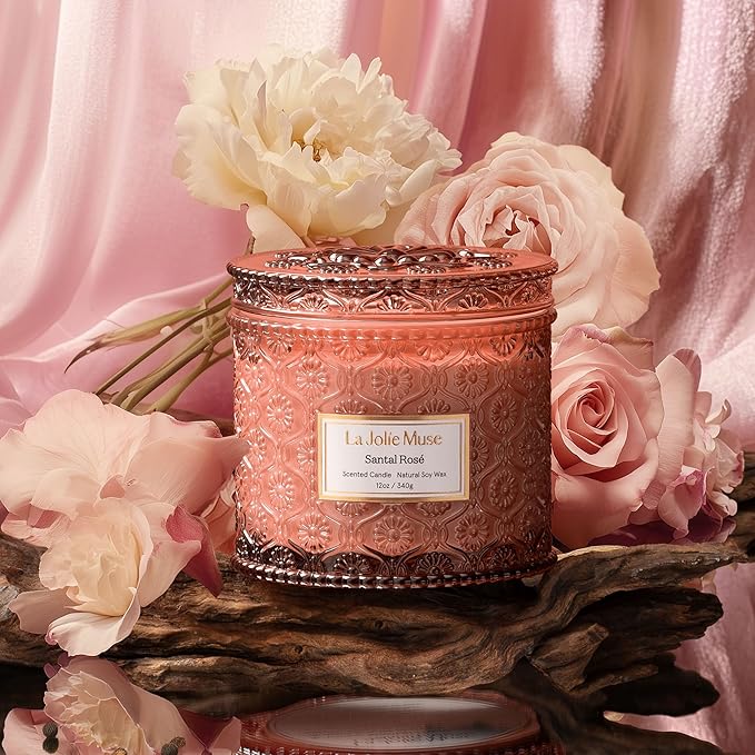 LA JOLIE MUSE Santal Rosé Candle - Saffron, Rose, Patchouli | 12 oz Large 2-Wick Soy Wax Candle | 60 Hours Clean Burn | Gift-Ready for Hosts & Gatherings | Elegant Home Décor