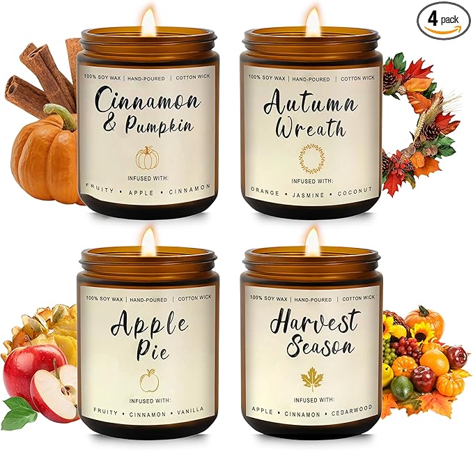 Fall Candles Gift Set – 4 Pack Scented Soy Candles for Home, Autumn Decor, Fall Decorations, Pumpkin Spice, Apple Pie, Cinnamon, Harvest – Great for Halloween & Thanksgiving Gifts