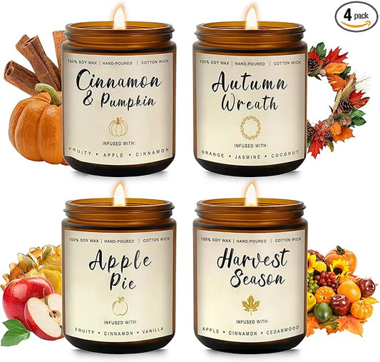 Fall Candles Gift Set – 4 Pack Scented Soy Candles for Home, Autumn Decor, Fall Decorations, Pumpkin Spice, Apple Pie, Cinnamon, Harvest – Great for Halloween & Thanksgiving Gifts