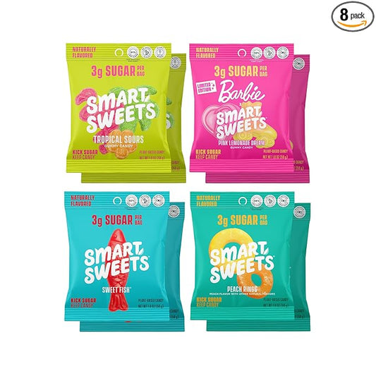 SmartSweets Variety Pack Candy, 1.8oz (Pack of 8), Candy With Low Sugar & Calorie, Healthy Snacks For Kids & Adults - Sweet Fish, Peach Rings, Tropical Sours, Barbie Pink Lemonade Dream