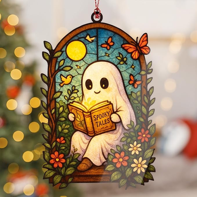 Halloween Christmas Ornaments - Book Christmas Ornaments - Spooky Xmas - Ghost Reading - White Elephant Gifts RUSATEN ONM-529-RST-Ghost