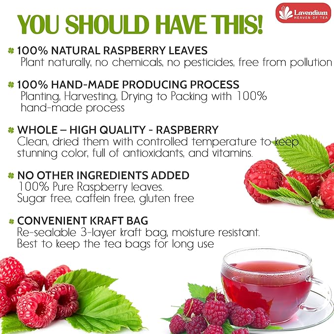 Lavendium, Premium 60 Raspberry Leaf Tea Bags, 100% Natural & Pure. Loose Leaf Raspberry Herbal Tea. No Sugar, No Caffeine, No Gluten, Vegan.