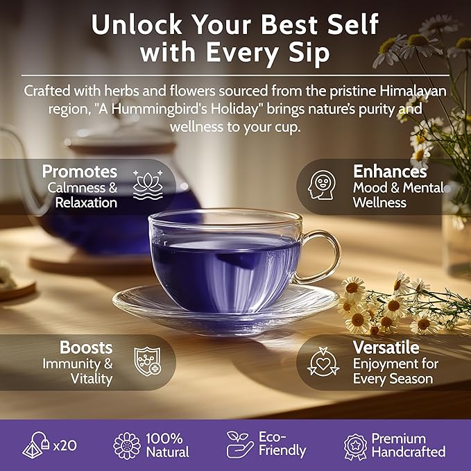 Blooms & Leopard Premium Herbal Tea with Chamomile, Rose Petals, Lavender, Valerian Root, Lemon Peel, 20 Herbal Tea Bags, caffeine-free - A Hummingbird's Holiday