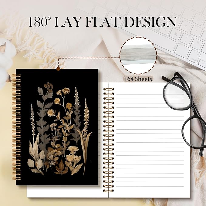 Dark Botanical Notebook Journal - Black Moody Notebook, Vintage Botanical Cottagecore Spiral Notebooks, Vintage Notebooks Gifts for Women, Dark Academia School Office Supplies, 6x8.2In