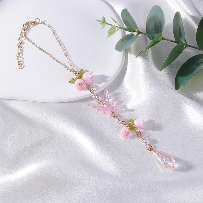 Butterfly Crystal Car Rearview Mirror Charm - Pink Lily of The Valley Flower Beaded Pendant, Elegant Hanging Cars Interior Decor Ornament & Accessories, for Women