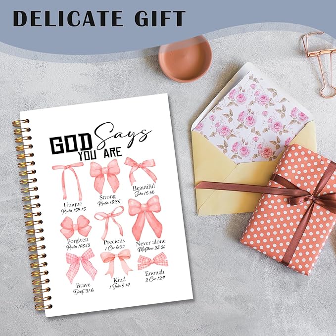 God Says You Are Christian Spiral Notebooks, Coquette Pink Bow Bible Journal, Scripture Journals for Writing, Girly Office Supplies, Religious Notebook for Note Taking, 5.5x8.3 Inch