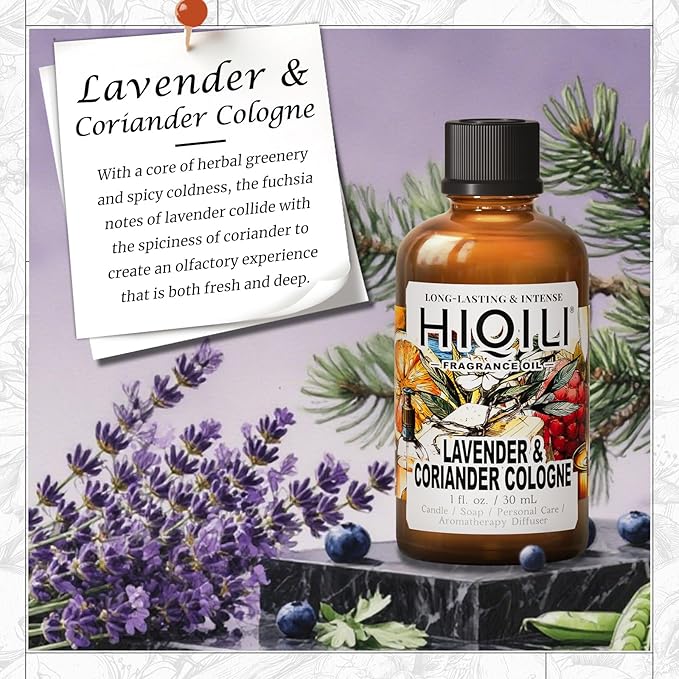 HIQILI Lavender & Coriander Cologne Fragrance Oil for Diffuser, Candle & Soap & Perfume Making, for Hotel and Home, Essential Oil, Long-Lasting Aroma - 1fl oz