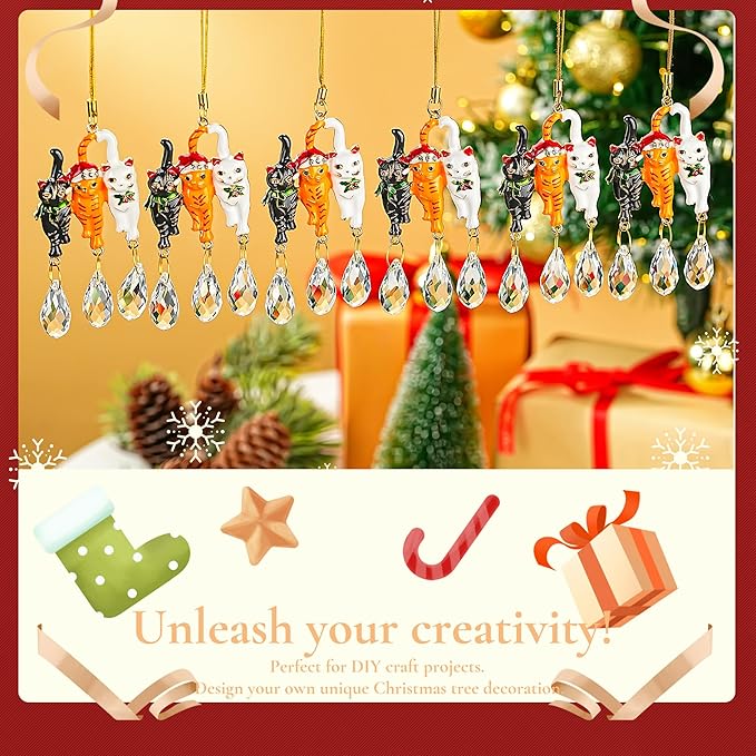 H&D HYALINE & DORA 6 Pack Cat Christmas Tree Ornament 5.5'' Crystal Glass Christmas Hanging Ornaments Pet Decorations for Tree and Car Suncatcher Gifts for Cat Lovers