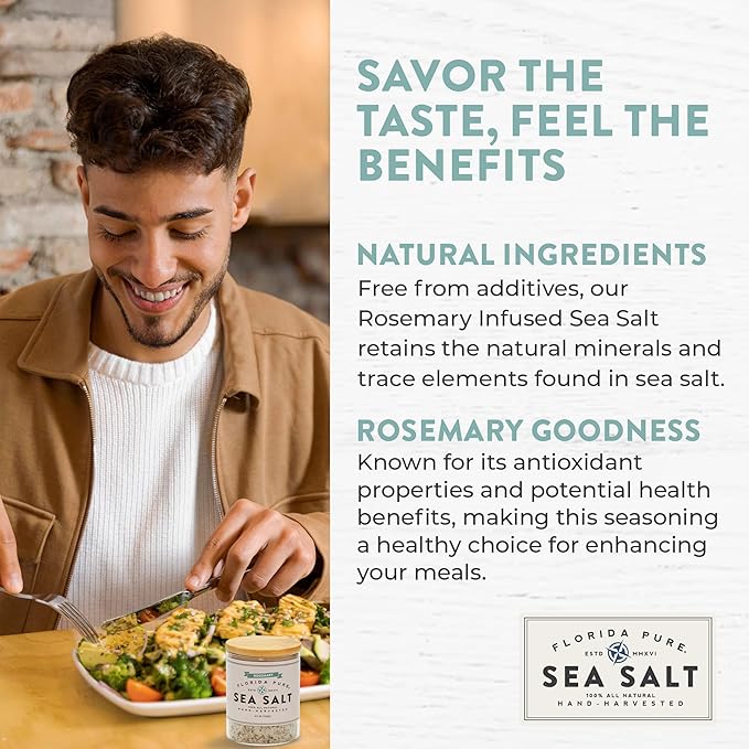 FLORIDA PURE Rosemary Sea Salt - 80+ Mineral Sea Salt, Natural, Unrefined, Non Iodized - for Baking, Cooking, Seasoning & Enhancing Taste - Hand-harvested Flaky Sea Salt (4.5 oz Jar)