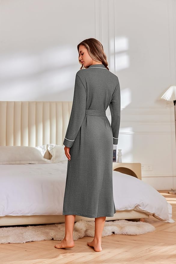 Ekouaer Robes for Women Lightweight Knit Waffle Bathrobe Full Length Kimono Casual Ladies Loungewear