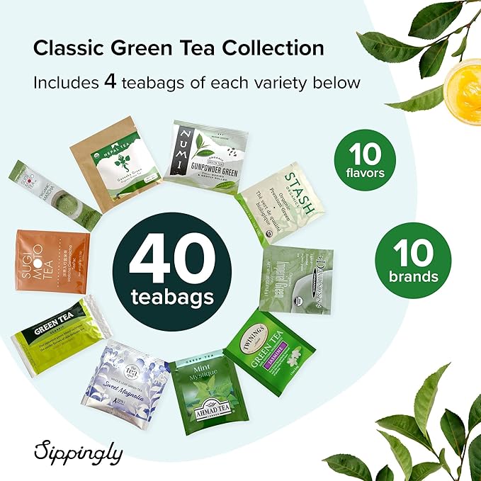 Sippingly Green Tea Sampler – 40 Assorted Green Tea Bags – 10 Flavors from Japan, Nepal, China & India – Naturally Energizing, Medium Caffeine – Ideal Gift for Tea Enthusiasts – Kosher, Gluten-Free