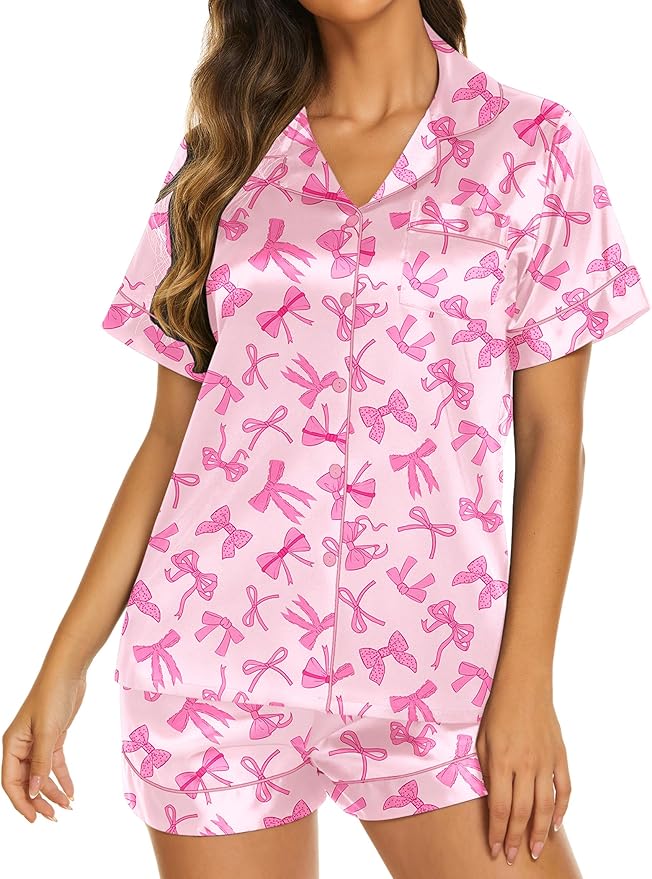 Ekouaer Silk Pajamas for Women Short Sleeve Sleepwear Soft Button Down Loungewear 2 Piece Satin Pjs Shorts Set S-XXL