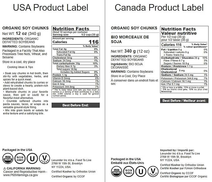 Food to Live Organic Soy Chunks 12 Ounces, – Unsalted Nuggets, High Protein. Plant-Based. Meat Alternate Substitute. Non-GMO. Vegan, Kosher, Bulk