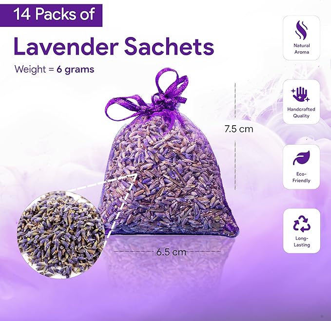 14 Pack Organic Lavender Sachet Bags for Drawers and Closets - Natural Fresh Dried Lavender French Potpourri Bags for Clothes Storage - Scented Sachets for Drawers, Wardrobes, Cars & Home.
