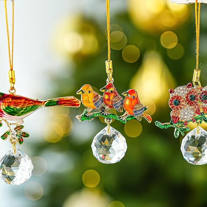 H&D HYALINE & DORA 6 Pcs Birds on Branches with Ball Prism Ornaments Birds Christmas Hanging Ornament Christmas Decorations for Tree Holiday Present Ideas