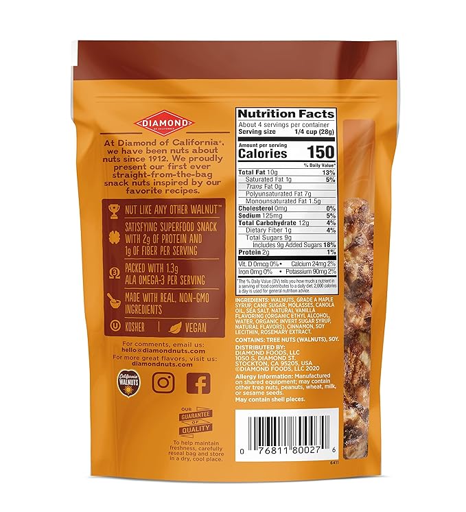 Diamond of California Sweet Maple Walnut Snack Nuts, 4 oz. (4 Pack)
