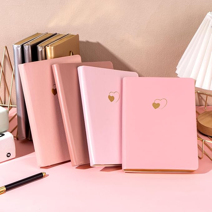 CAGIE 4 Pack Lined Journal Notebook for Women and Girls 256 Pages Cute Diary with Heart-Shaped Leather Journals for Writing A5 Soft Cover Notebooks for Work School, Pink