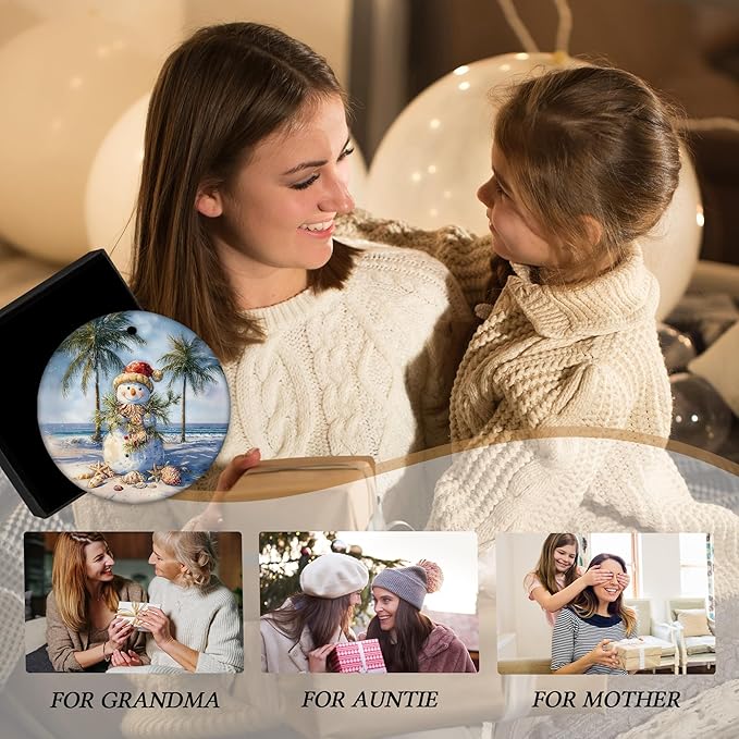 Coastal Summer Christmas Ceramic Ornament Gifts, Ocean Beachy Snowman Christmas Decorative Hanging Ornaments for Xmas Tree Holiday Party Decoration, Coastal Beach Xmas Tree Decorations