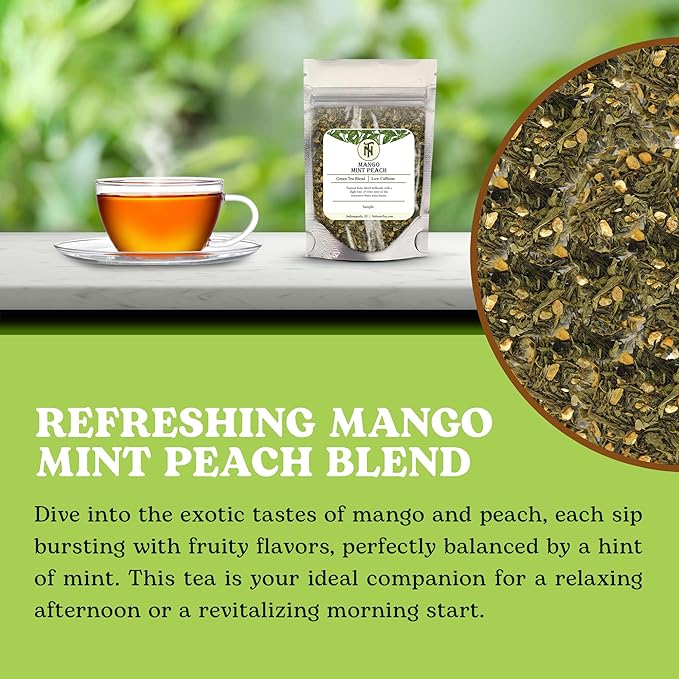 Nelson's Tea Mango Mint Peach - Sencha Green Tea with Ginger Root, Spearmint Leaf, and Dried Mango Loose Leaf Tea (Sample 0.4 Oz)