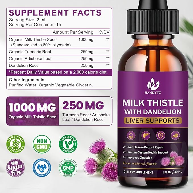 Milk Thistle Supplement for Liver Cleanse Detox & Repair, Liver Detox Drops with Organic Milk Thistle Seed, Artichoke Extract, Dandelion, Turmeric and Vegan, Non-GMO, Gluten-Free (2 Pack, 1 Fl Oz)