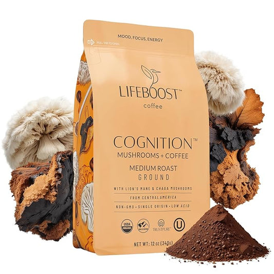 Lifeboost Cognition Adaptogenic Mushroom Coffee - Great Tasting Organic Lions Mane & Chaga Medium Roast Nootropic Coffee - Increase Energy, Boost Focus & Immune Support - 12 oz Bag - Ground