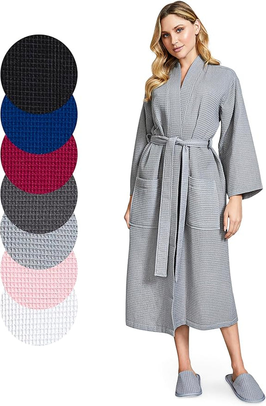 Lotus Linen Waffle Robes for Women - Lightweight Cotton Kimono Bathrobe - Long Soft Spa Bath Robe