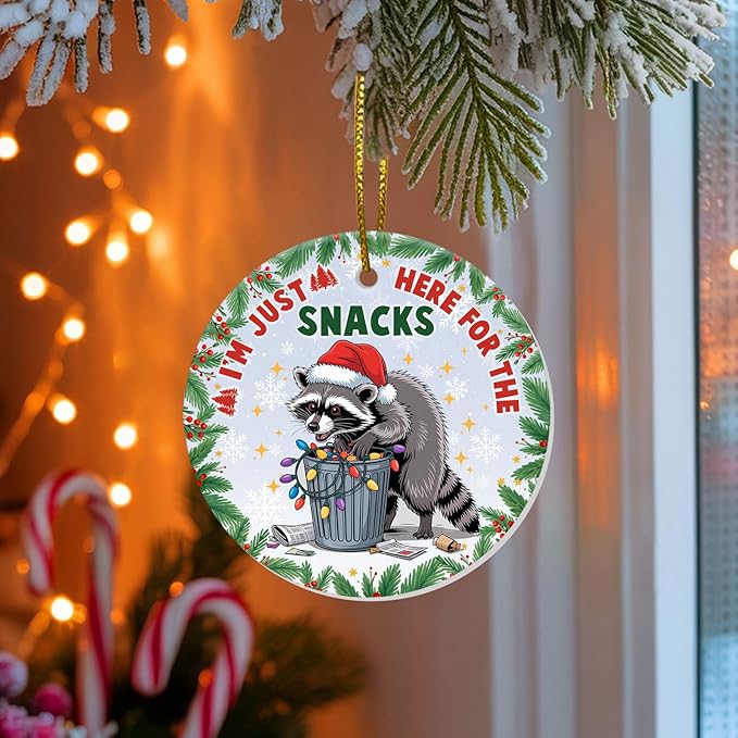 Funny Raccoon Christmas Ornaments 2025 - Im Just Here Ceramic Tree Decoration, 2-Sided UV Print, for Men Women, Rustic Xmas Decor