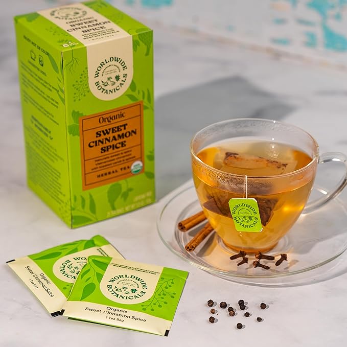 Worldwide Botanicals Sweet Cinnamon Spice Herbal Tea, 25 Tea Bags - Organic, Caffeine Free, Kosher, Naturally Sweet, 50% More Herbs