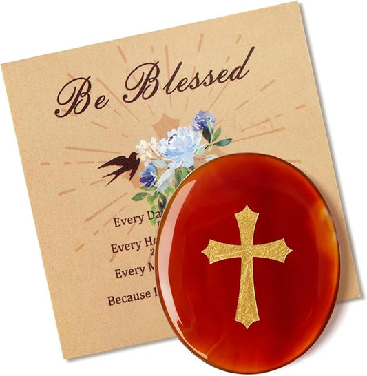 LAIDANLA Red Agate Cross Engraved Healing Crystal Worry Stones for Pray Faith Anxiety Relief Oval Palm Stone Polished Natural Crystal Gifts