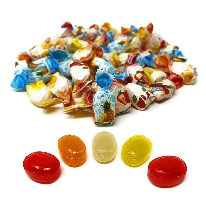 Fruit Filled Hard Candies - 1 lbs - Strawberry, Cherry, Pineapple, Orange and Lemon Flavored Bon Bons Filled with Real Fruit Pulp Candy - American Vintage Candy Snack Assortment - Individually Wrapped, 16 oz.
