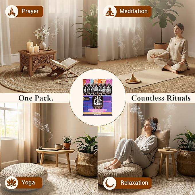 Tulasi Blunt Action Incense Sticks, 12 Packs, 144Pc, Long Lasting Fragrance, Natural Essential Oils Hand Rolled Incense Sticks for Aromatherapy, Relaxing, Yoga, Meditation, Prayer, Thanks Giving